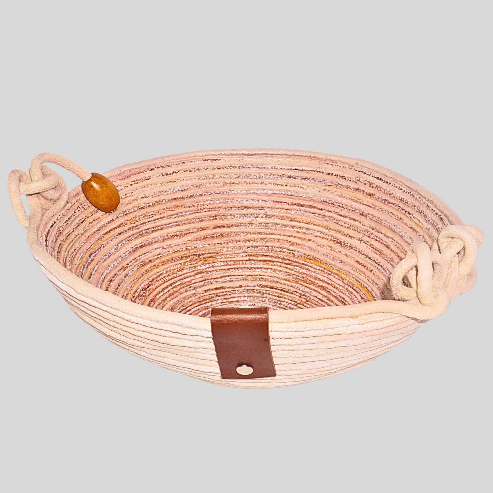 Cesto Decorativo De Cordão Bege Com Couro