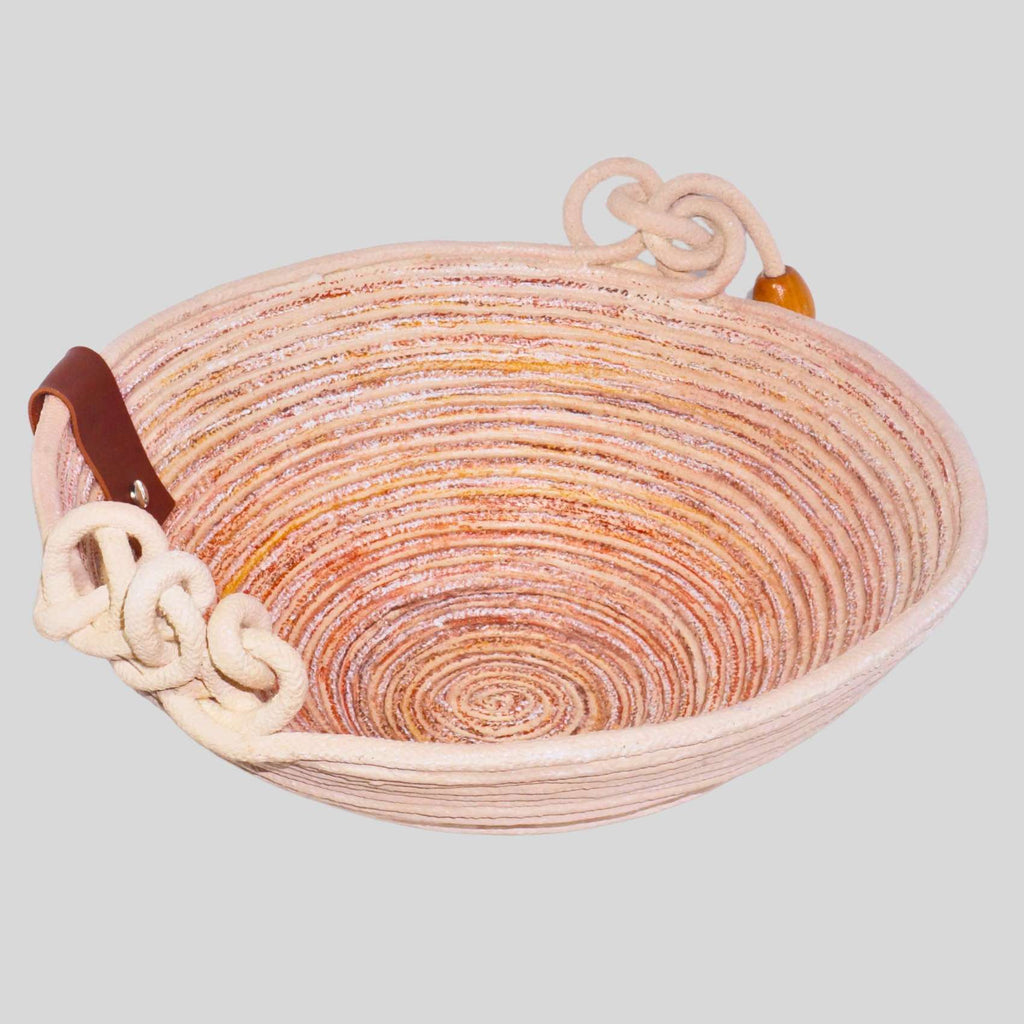 Cesto Decorativo De Cordão Bege Com Couro