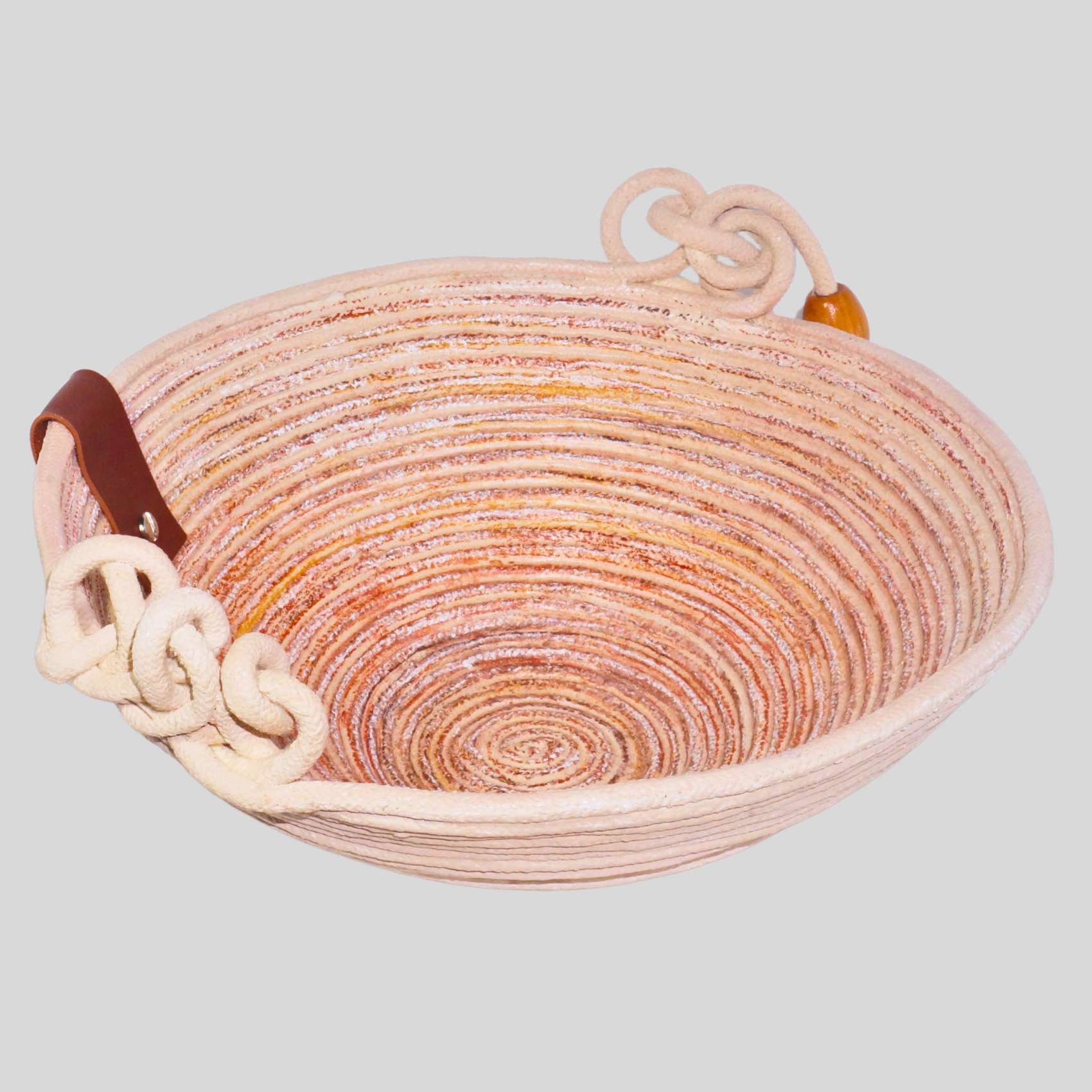 Cesto Decorativo De Cordão Bege Com Couro