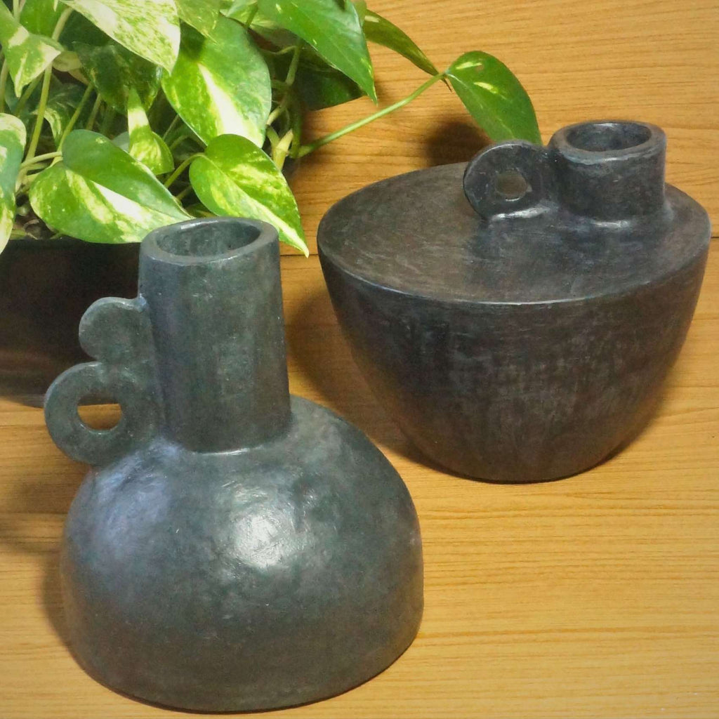 Vaso Decorativo Grafite Com Bojo E Alça Lateral