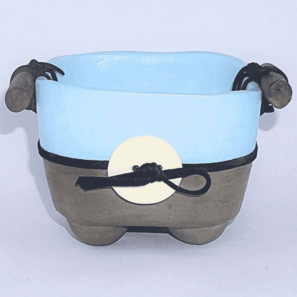 Cachepot Decorativo Rústico Azul Com Couro