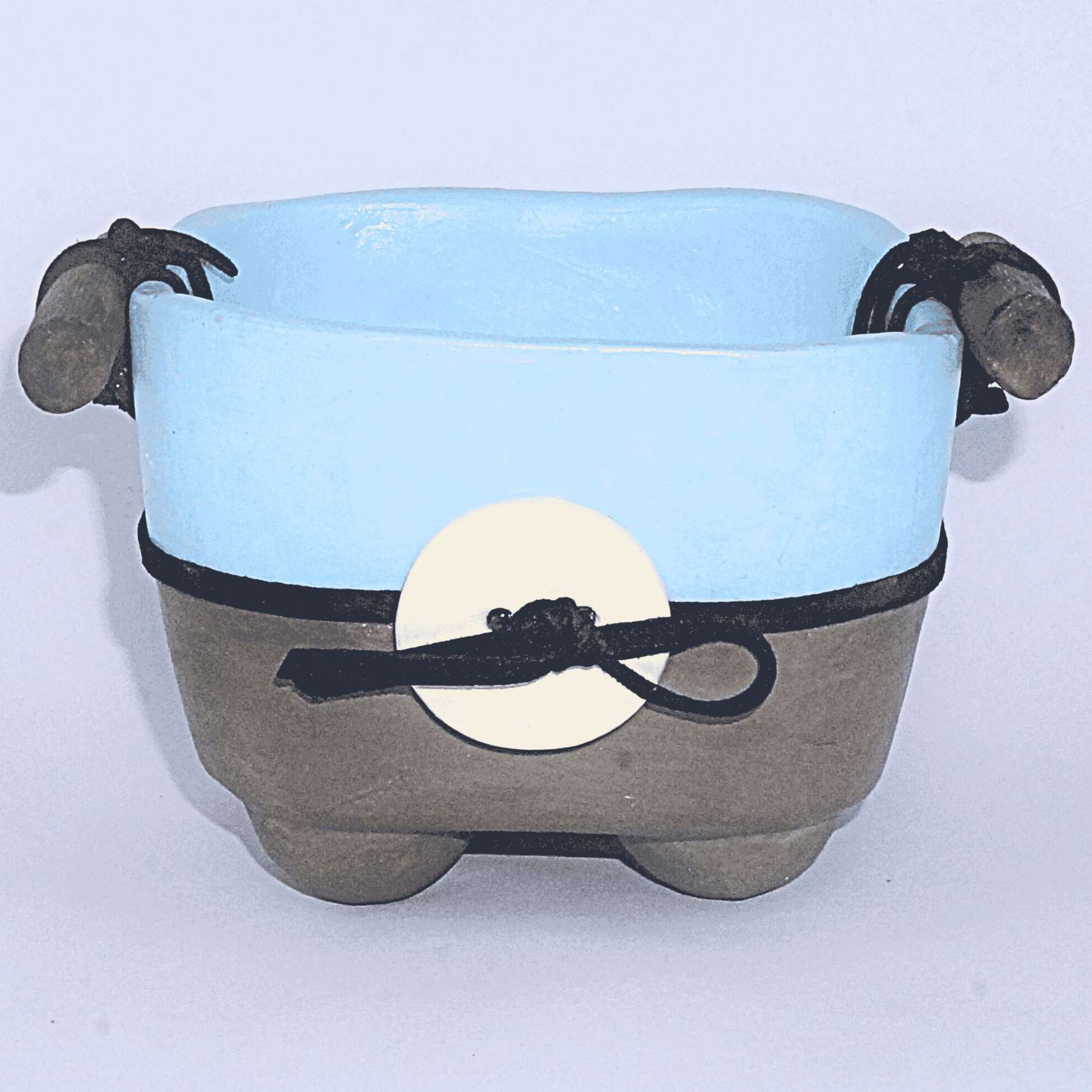 Cachepot Decorativo Rústico Azul Com Couro